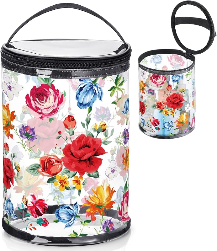 Sanwuta Necessaire cilíndrica transparente com estampa floral e zíper