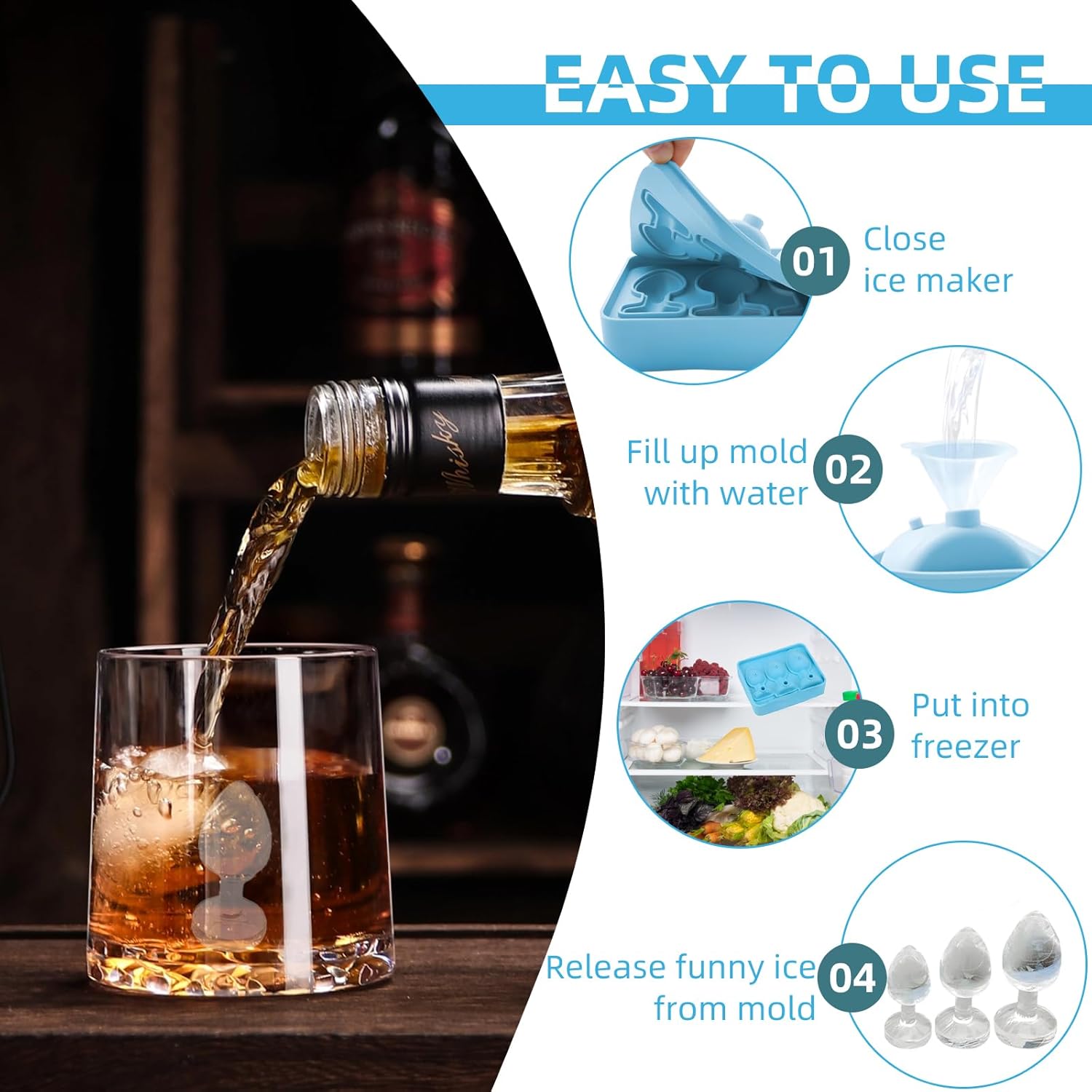 Dreaku Moule à Glaçons Rigolo avec Couvercle Silicone Sans BPA, Empilable, Réutilisable, Formes Amusantes pour Whisky, Cocktails, Fêtes et Anniversaires – Bleu - Image détaillée