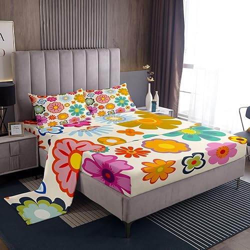 Juego de sábanas de flores Groovy de los años 70, tamaño individual, para niños y niñas, fresco, vintage, bohemio, floral, para mujer, Halloween,