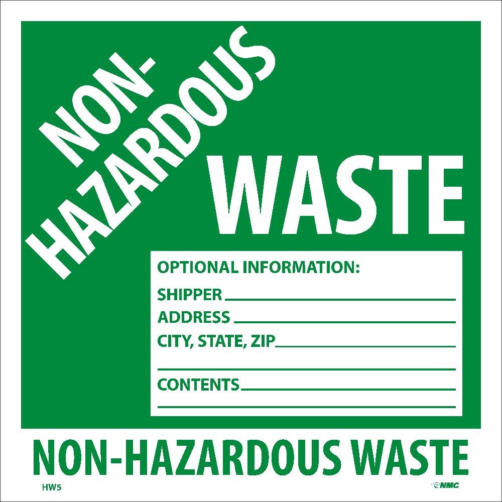 NMC HW5ALV Non-Hazardous Waste Optional Information: Shipper, Address, City, State, Zip, Contents Label - [Roll of 500] Hazmat Label
