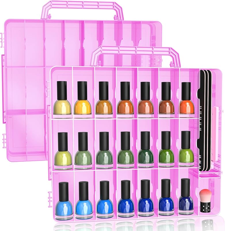 SUBAY 2 Maletas transparentes para esmaltes, com divisórias ajustáveis, capacidade para até 48 frascos, rosa
