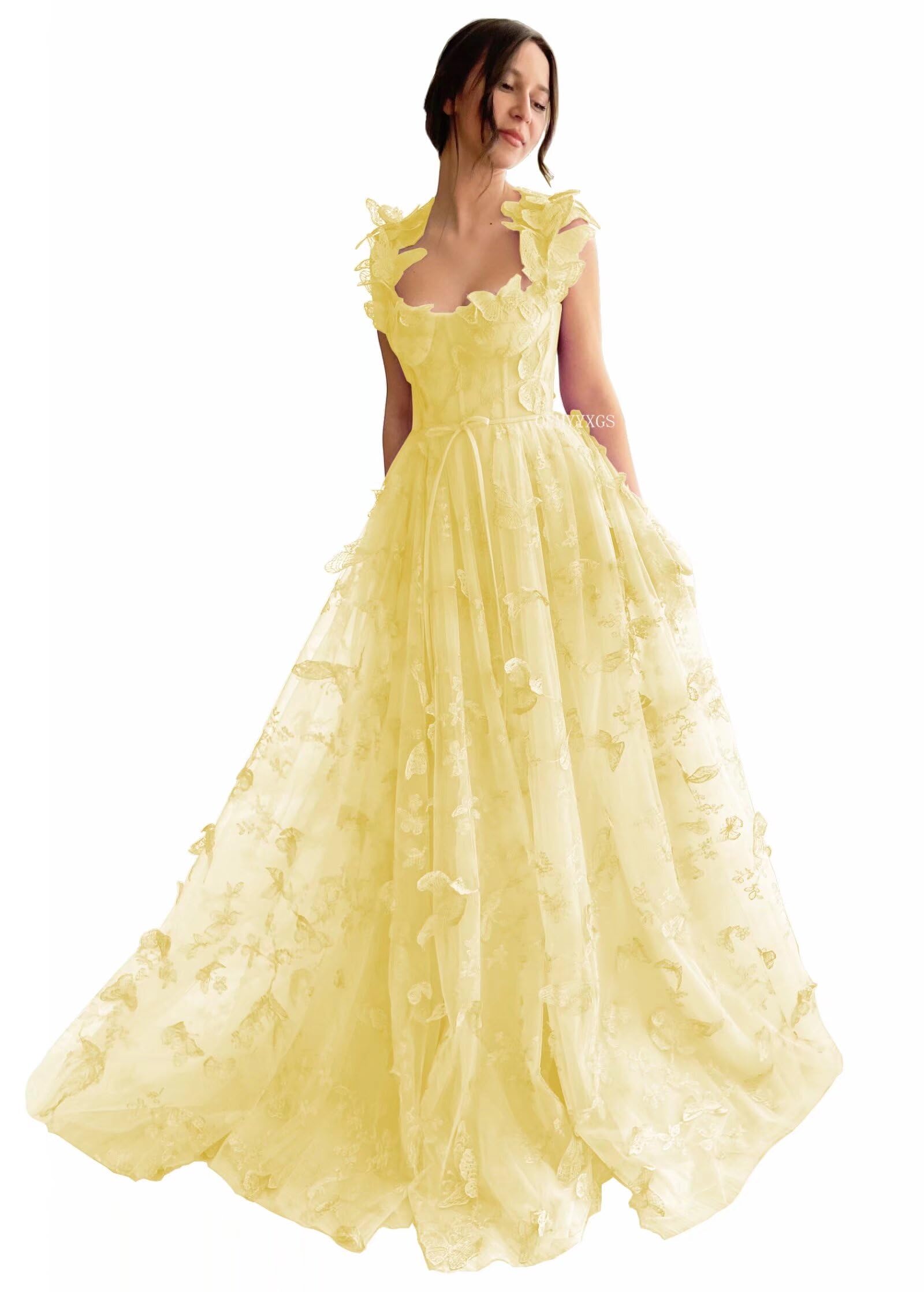 3D Butterfly Tulle Prom Dresses for Women 2025 Long Lace Applique Ball Gown Formal Evening Party Gown with Slit