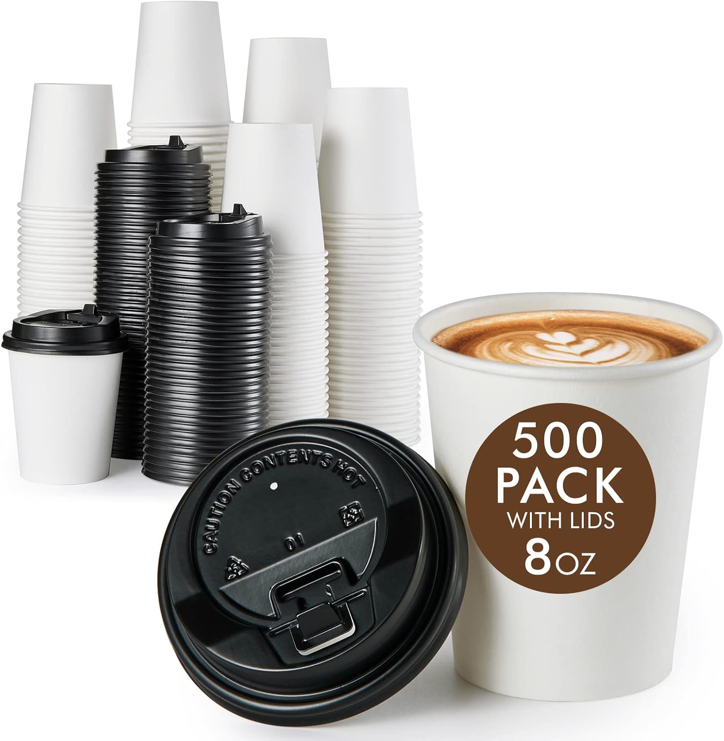 Vplus 500 Pack 8 OZ Paper Coffee Cups, Disposable 8 OZ Coffee Cups With Lids, Cold/Hot Drinking, For Home, Traveling, Stores, Office, And Events White 500 Count (Pack of 1)