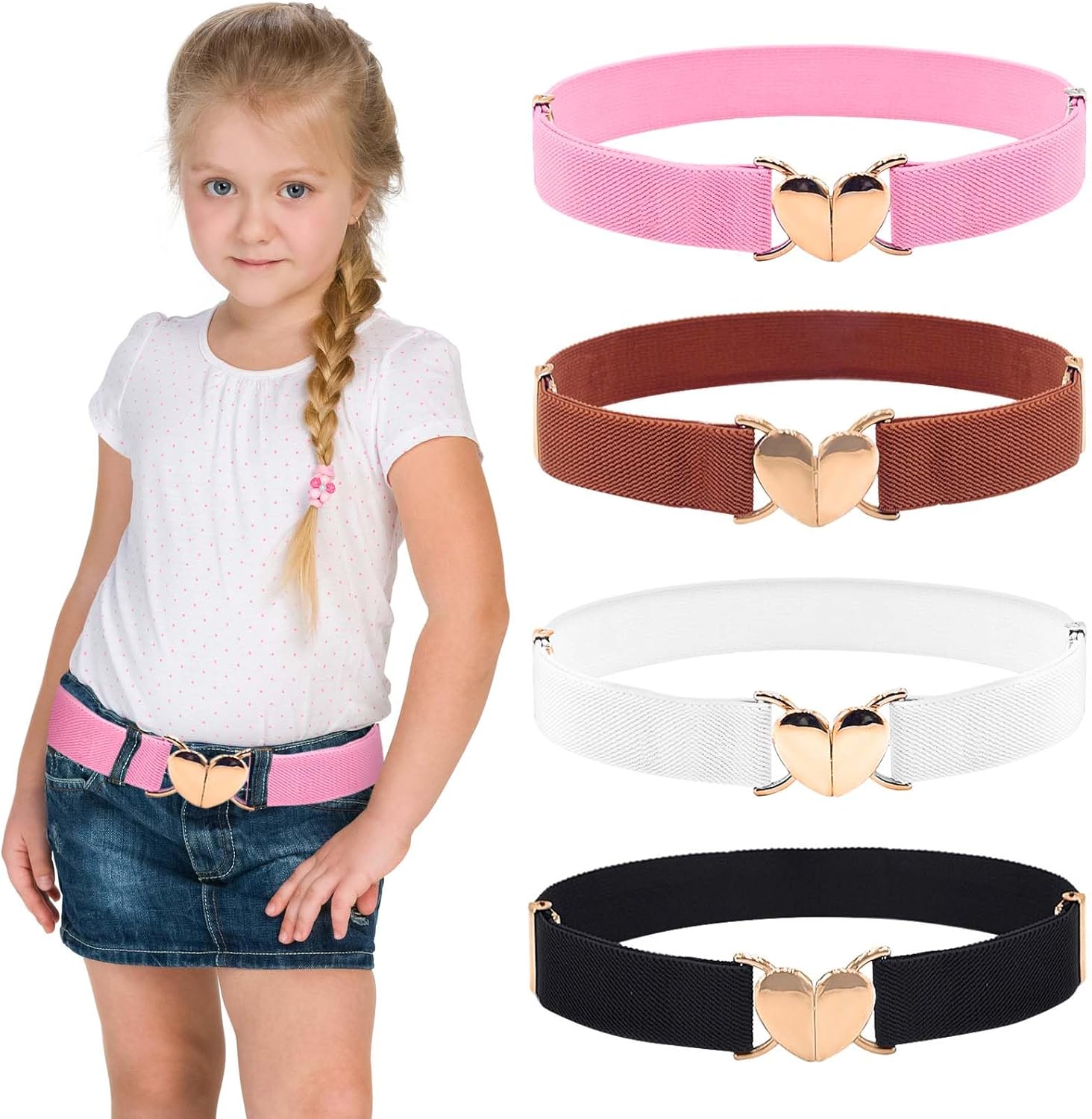 4 Pcs Kids Girls Belts, Adjustable Elastic Toddler Belt with Heart Shape Buckle, Kids Heart Belt for Boys Girls