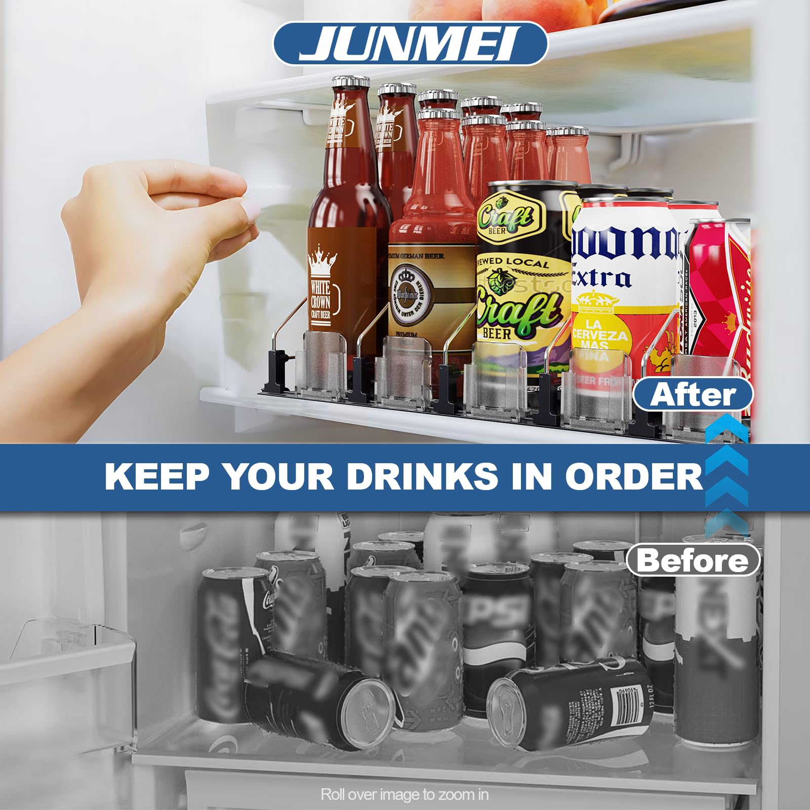 Organizador de bebidas para mini refrigerador, 12 onzas, 16 onzas, 20 onzas, dispensador de latas de refresco para refrigerador, ancho ajustable, deslizamiento automático del empujador, 12.2