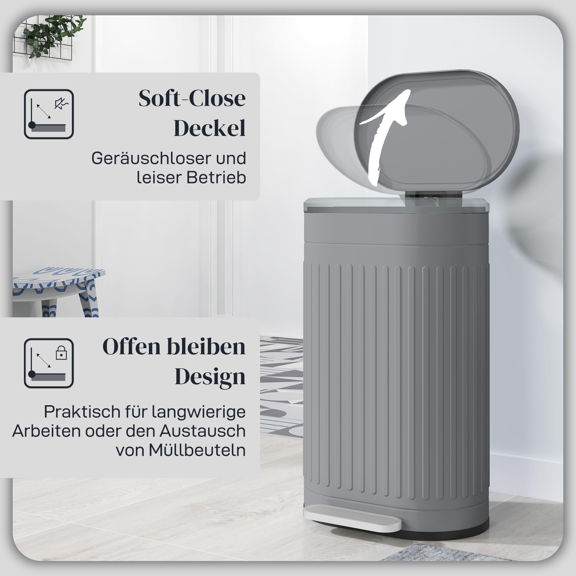 HOMCOM Cestino pedale 30L, antimpronte, coperchio soft-close, grigio