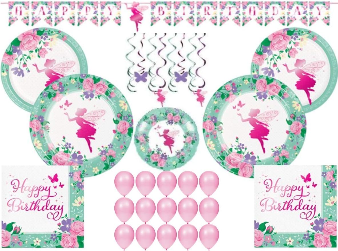 Floral Fairy Sparkle Girls Birthday Party Supplies Bundle | Disposable Plates and Napkins Tableware for 24 | Pink Garden Fancy Fairy Banner, Dangler and Balloon Decorations (99 Pieces)