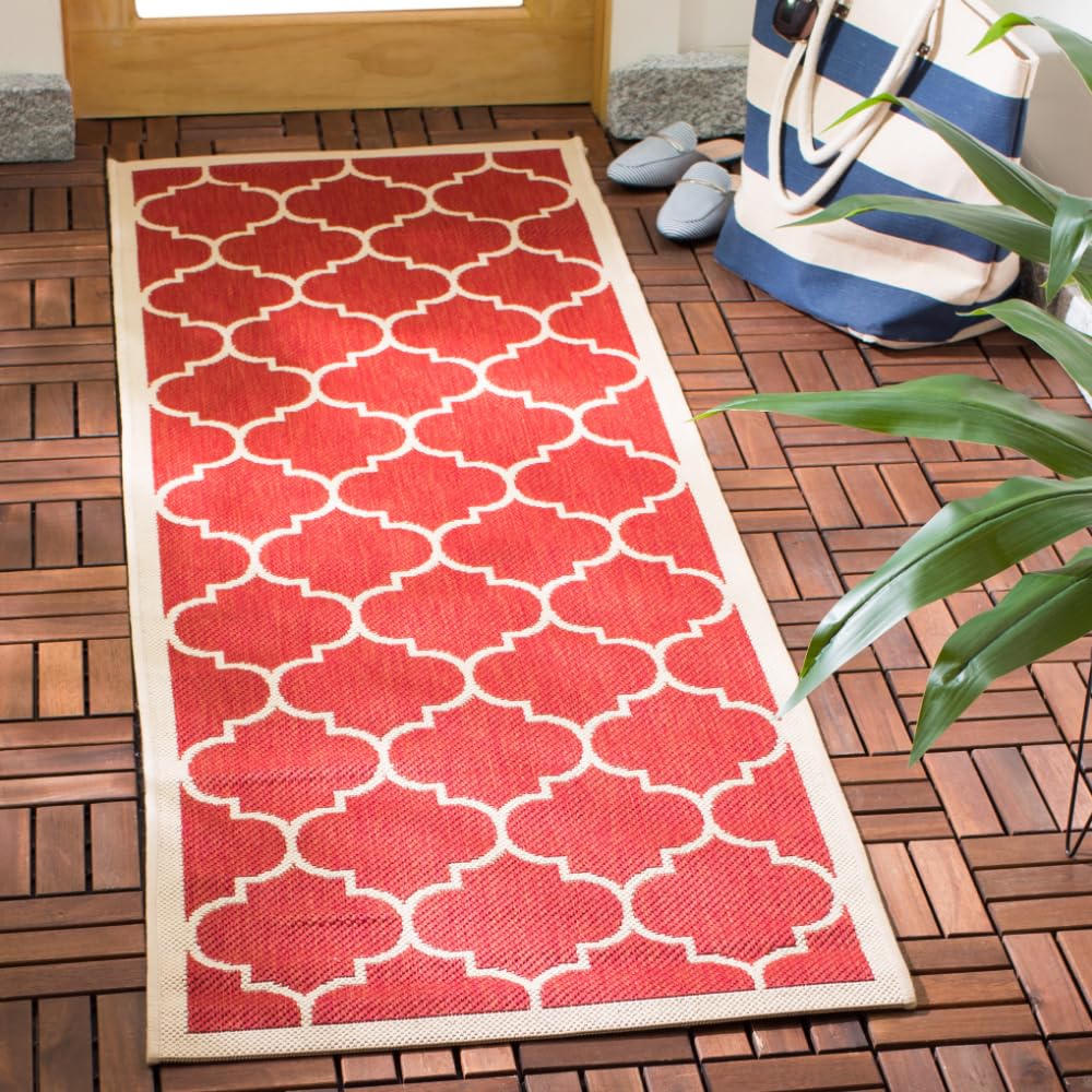 SAFAVIEH Washable Rug Outdoor Courtyard Collection - 2'3" x 10' Runner, Red & Bone, Non-Shedding & Easy Cleaning, Ideal for Patio, Entryway, Mudroom,