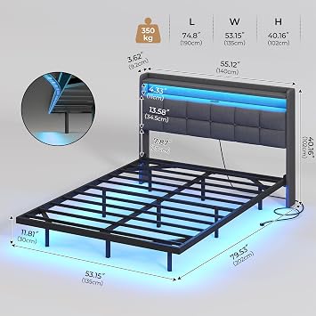 AOGLLATI 4ft6 Floating Double Bed Frame 135×190CM with LED Lights & Charging Station, Metal Platform Bed frame with Upholstered Headboard, Easy Assembly,Noise Free,No Box Spring Needed,Dark Gray Linen