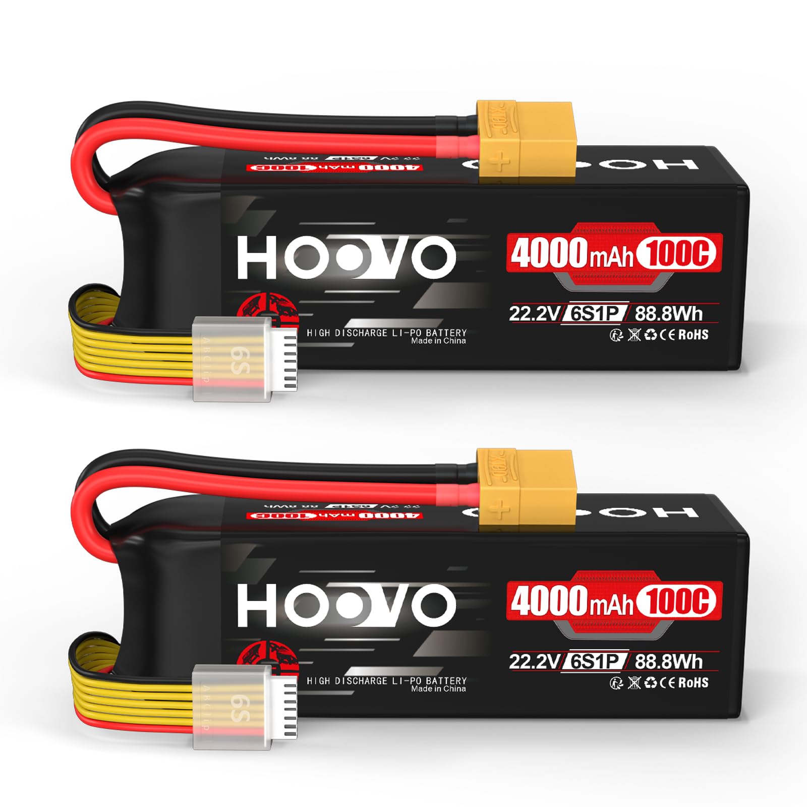 HOOVO 6S Lipo Battery 22.2 V 4000 mAh 100C RC Battery Soft Case with XT90 Plug for 7RC Quadcopter Airplane Helicopter Car Boat Hobby Helicopter Size 600 (2 packs)
