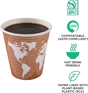 ECO PRODUCTS Compostable Disposable World Art 10oz Coffee Cups, Case of 1000, Renewable Hot Paper Cup, Plant Based PLA Lining, Color Coded