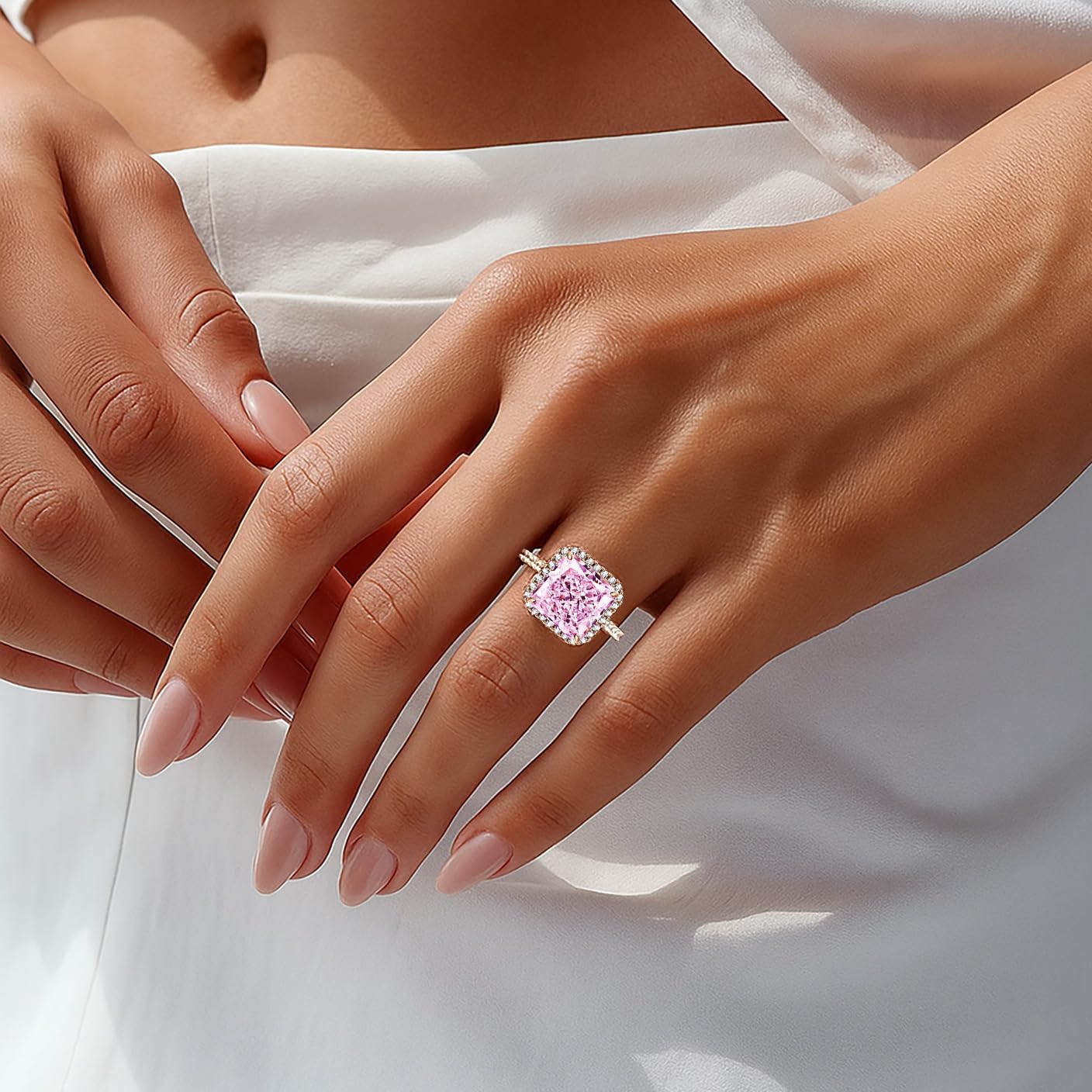 GONA 5CT Pink Diamond Ring Anniversary For Women VVS Brilliant Cut Halo 10X10MM Tarnish Resistant Silver Elegant Cocktail Rings Handmade Perfect For Christmas Engagement And Birthday Gifts - Image 3