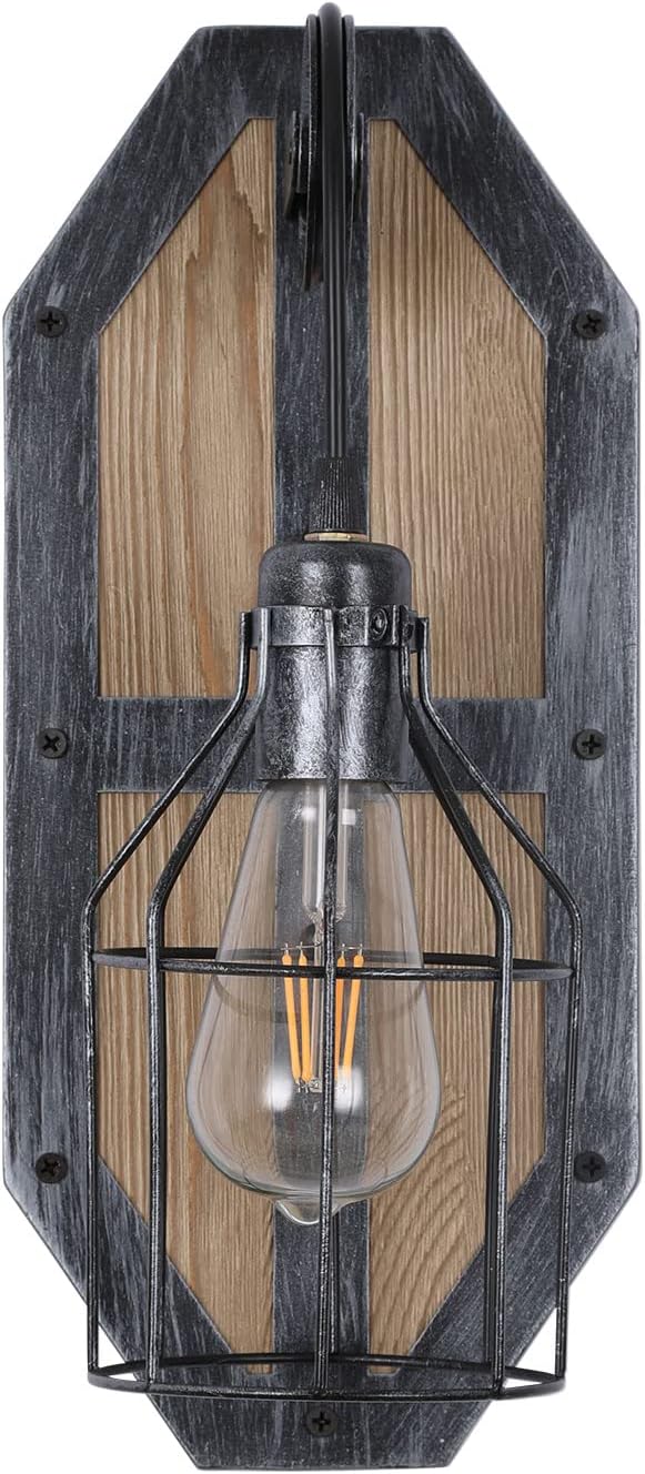 Grey Wooden Wall Sconce,1-Light E26 Industrial Farmhouse Wall Mount Lamp,Matte Black Finish,Iron Caged Lampshade Vintage Wall Light for Bedroom, Living Room, Bar, Porch