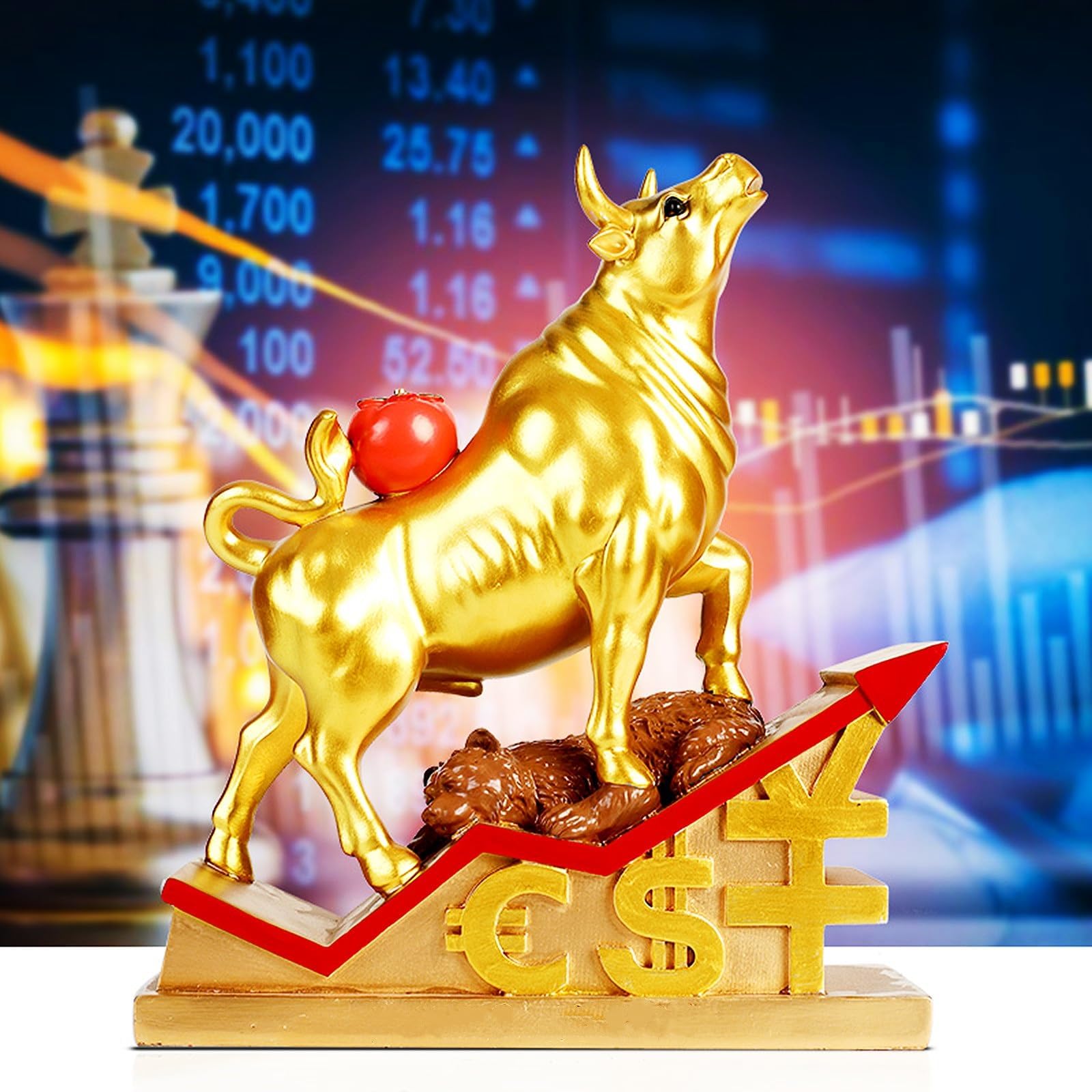 Wall Street Bull Statue, 12.2" Handcrafted Sculpture with Bear & Persimmon, Symbol of Wealth & Prosperity, Investment Decor for Office, Desk, or Shelf(Gold)