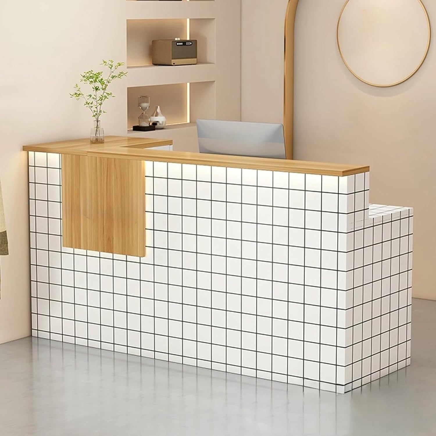 Reception Desk with Counter, Modern Front Counter Desk, L-Shaped Reception Room Table, Retail Checkout Counter, Lockable Drawers, for Lobbies, Salons, Retail(Gray-Left,140cm/55.1in)