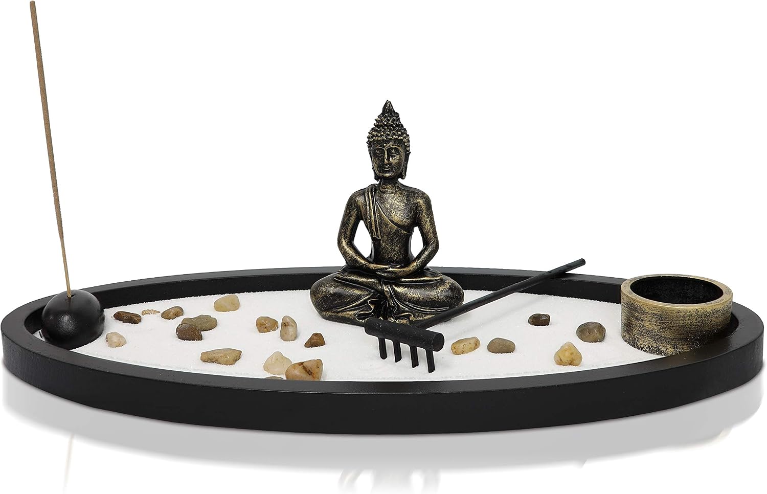 Basic Fundamentals Japanese Zen Garden Kit Home Decor - Buddha Incense Stick Holder Office Desk Accessories - Zen Garden Sand Corner Desk Office Decor - Buddha Statue Table Top - 13.5" x 6.25" x 5"