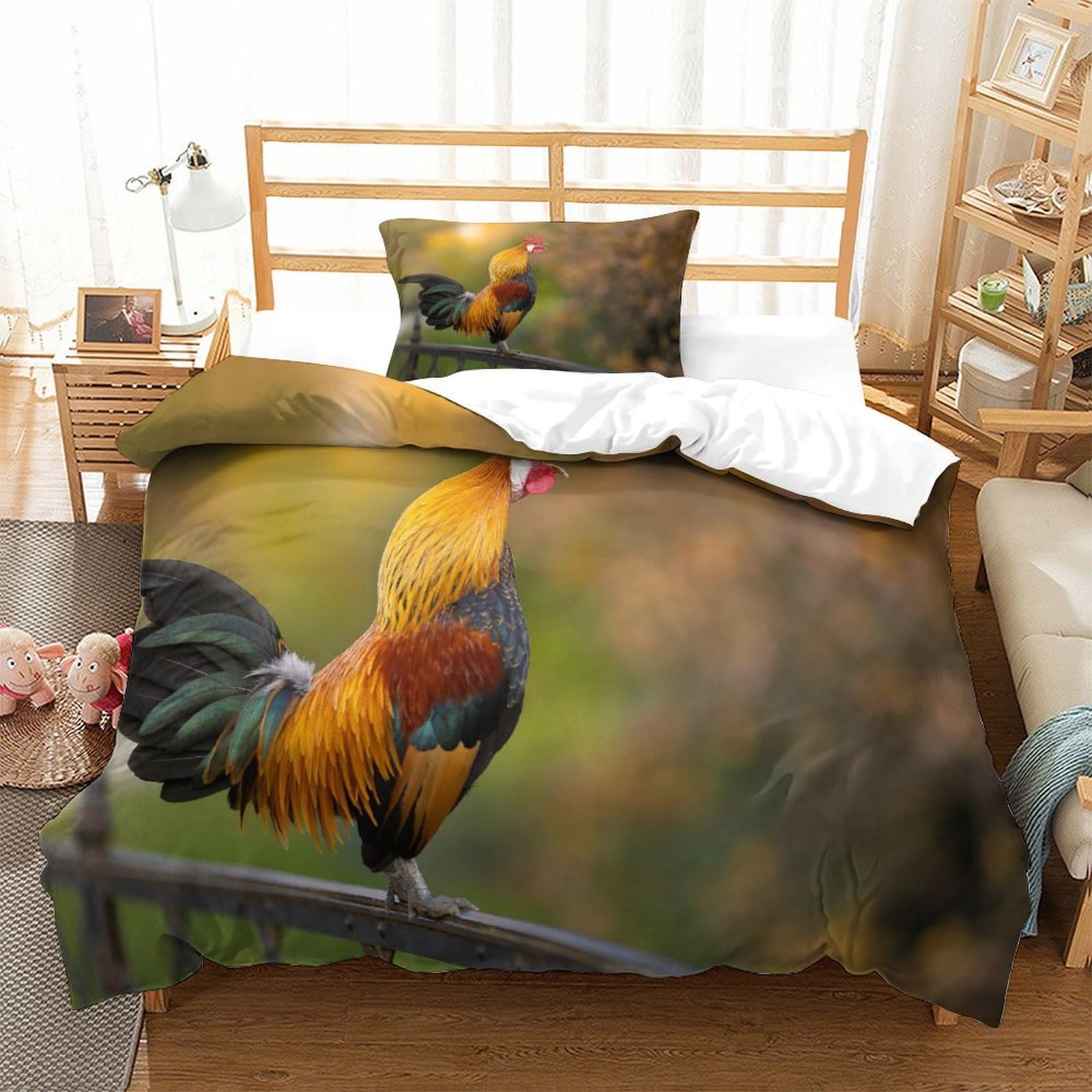 P1s9u7w5y Gallic Rooster-7 Rustic Rooster 3D Printed Duvet Cover Set 3Pcs Microfiber Farmhouse Bedding Set Single（135X200cm）
