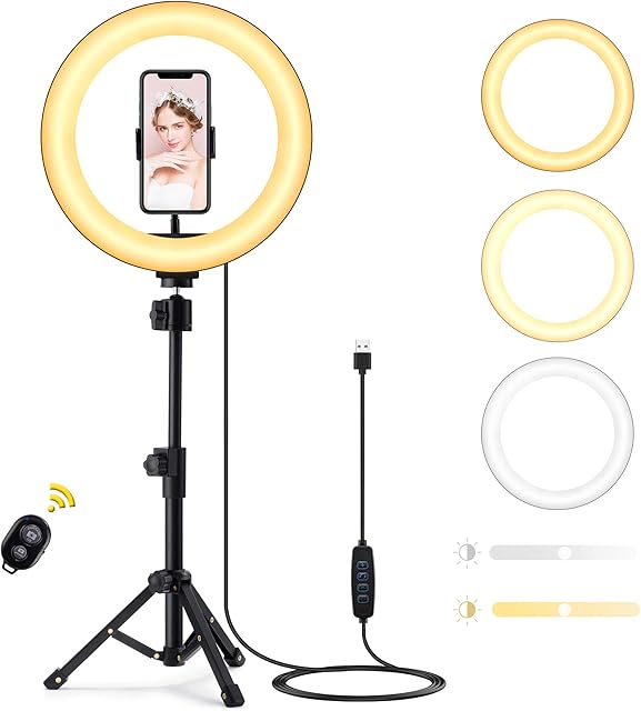 Ring Light 10" with 8" Extended Tripod Stand & Phone Holder for YouTube Video, Camera Led Ring Light for Streaming, Makeup, Selfie Photography Compatible with iPhone Android