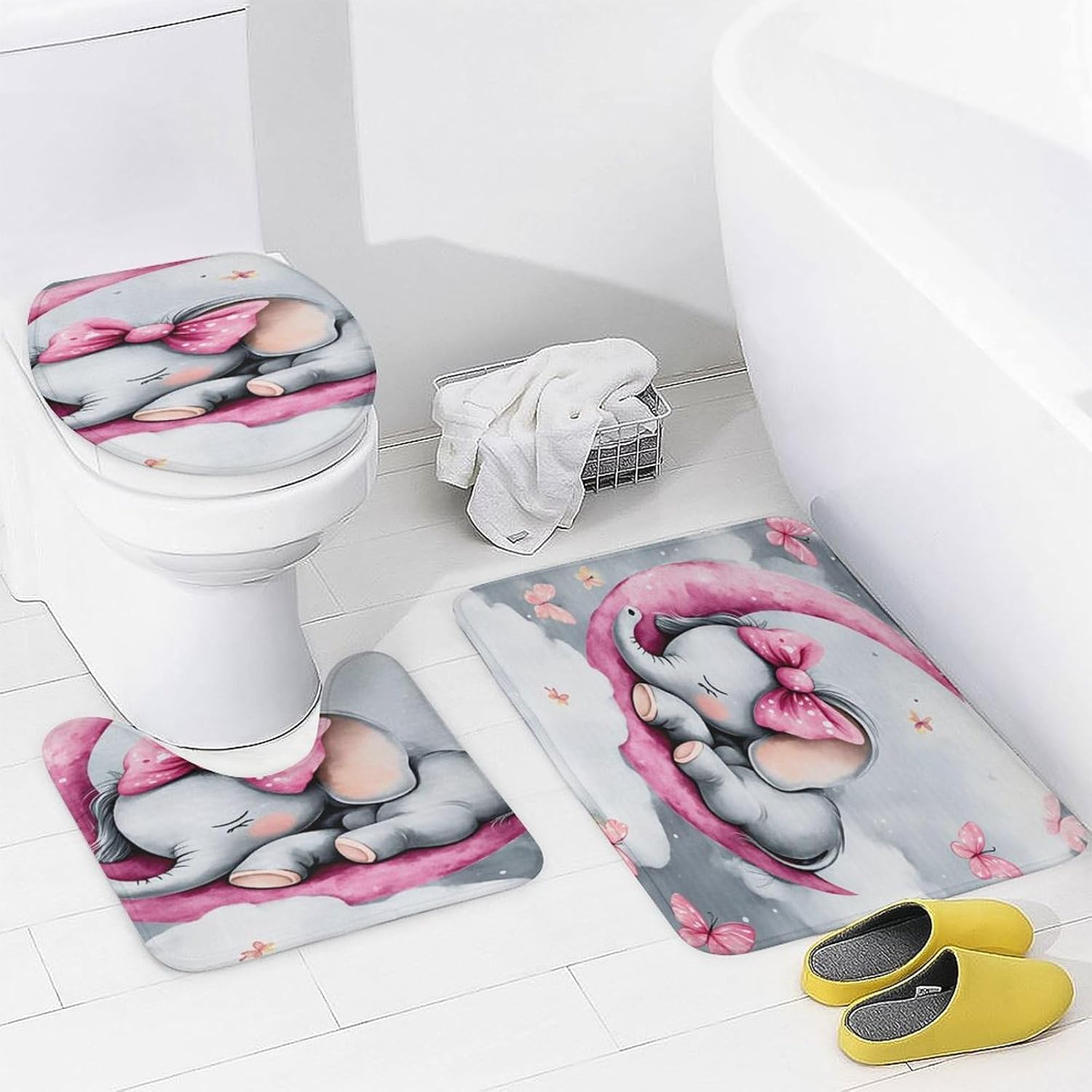 Cute Elephant Sleeping On Moon with Butterflies 4 PCS Bathroom Set with Shower Curtain Rugs, Ultra Soft Coral Fleece Bath Mat, U-Shaped Rug, Toilet Lid Cover, 72" X 72"