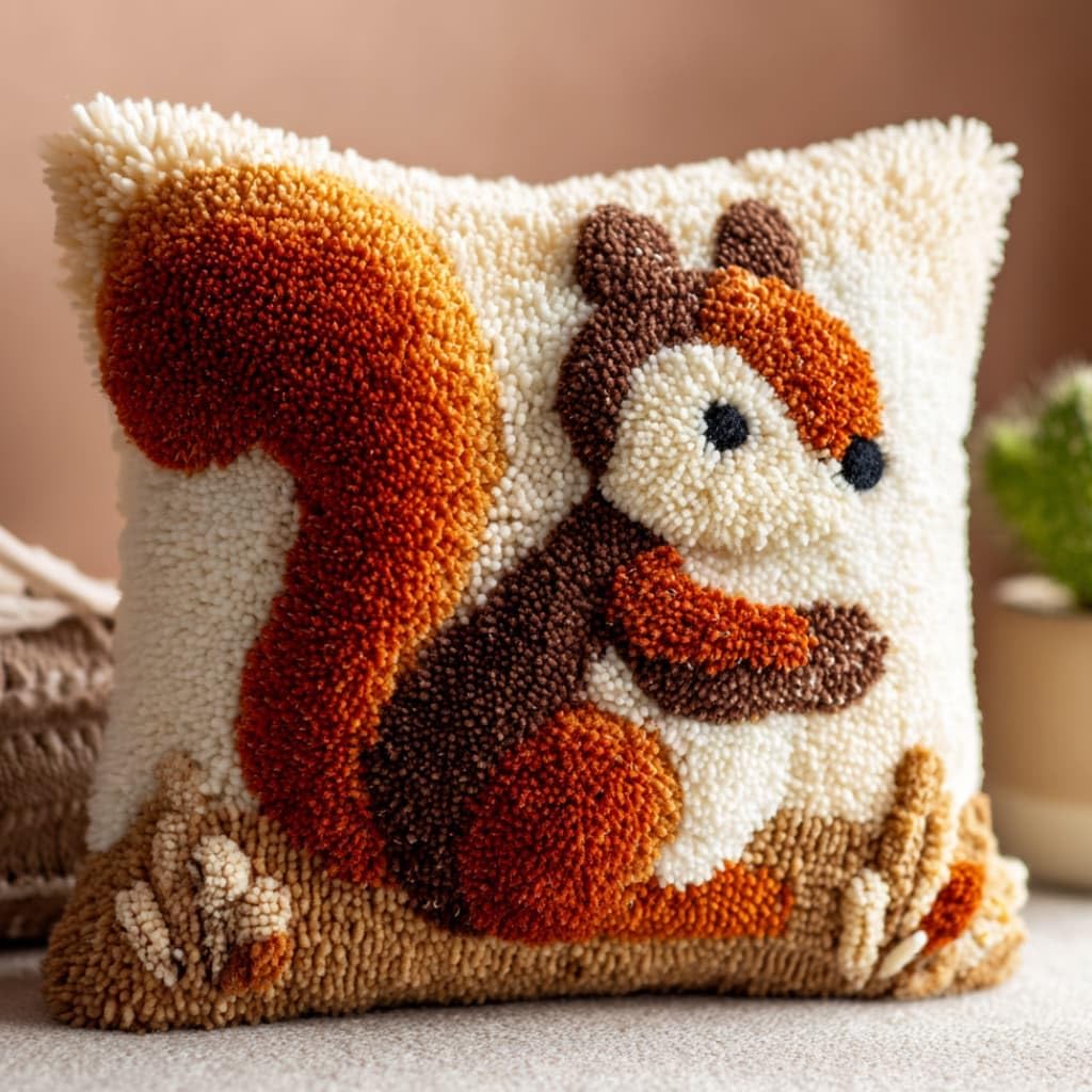 Taxpy Latch Hook Cushion Kits Squirrel Pillowcase Kits Embroidery Kit 17X17 Inch DIY Needlework Pillow Cover Sofa Cushion Rug Making