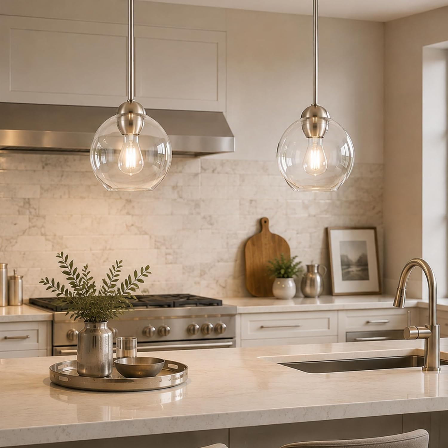 Emak 2 Pack Brushed Nickel Pendant Light Fixtures, 7 Inch Globe Pendant Lights with Clear Glass Shade, 1-Light Hanging Lights for Kitchen Island, Bathroom, Dining Room, PL119-BN-2PK
