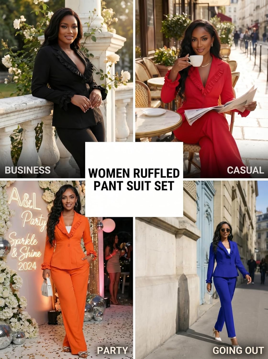 MorwenVeo Women's 2 Piece Pant Suits Ruffle Long Sleeve 2 Piece Blazer Set Sexy Elegant Business Pencil Pant Set