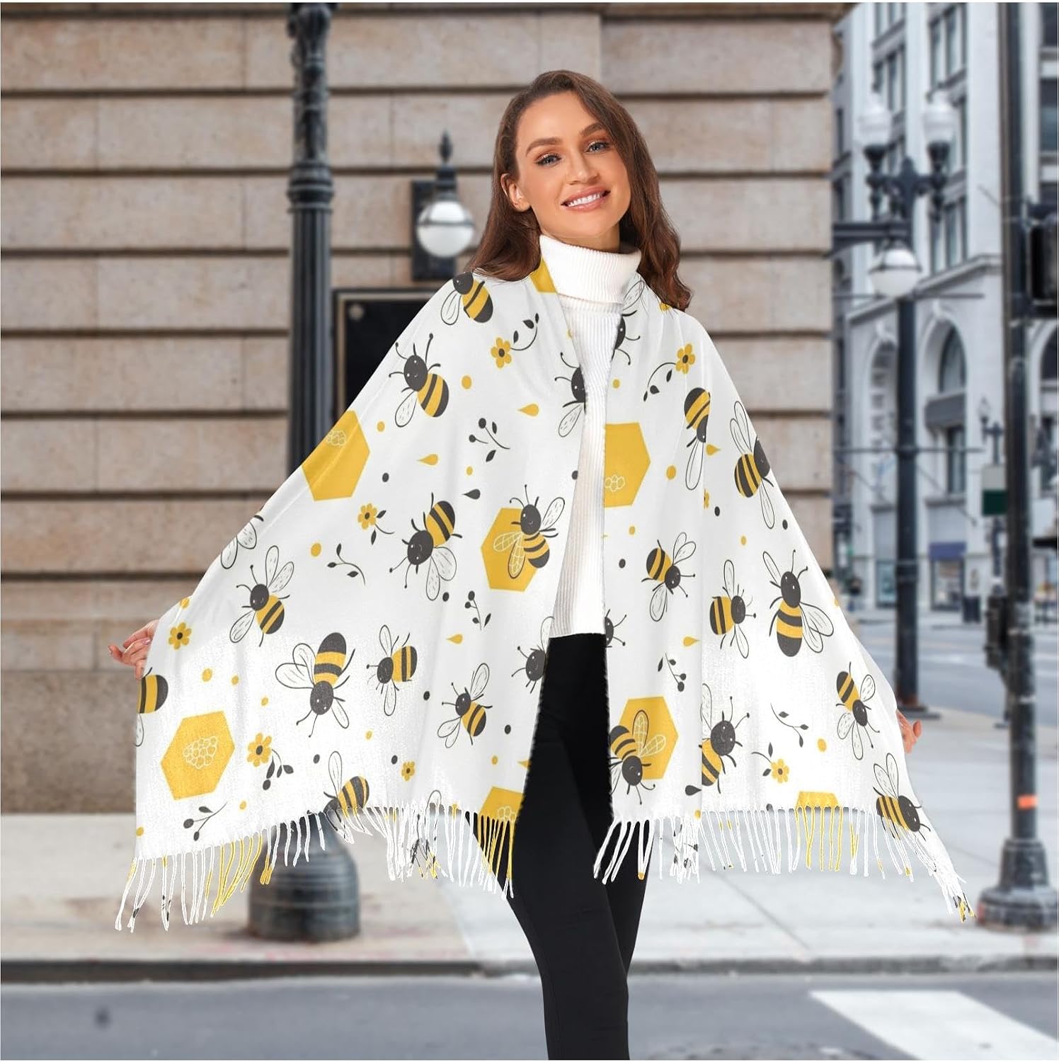 Winter Scarf for Women Cartoon Bees Flying Fashion Tassel Shawl Wraps for Women, Cold Weather Warm Womens Scarves Soft Long Scarf Gifts