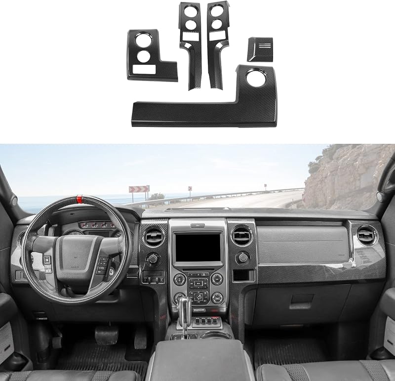 Kit de Acabamento Interno em ABS com Textura de Fibra de Carbono para Painel e Moldura do Interruptor dos Faróis Ford F150 2009–2014, 5 peças