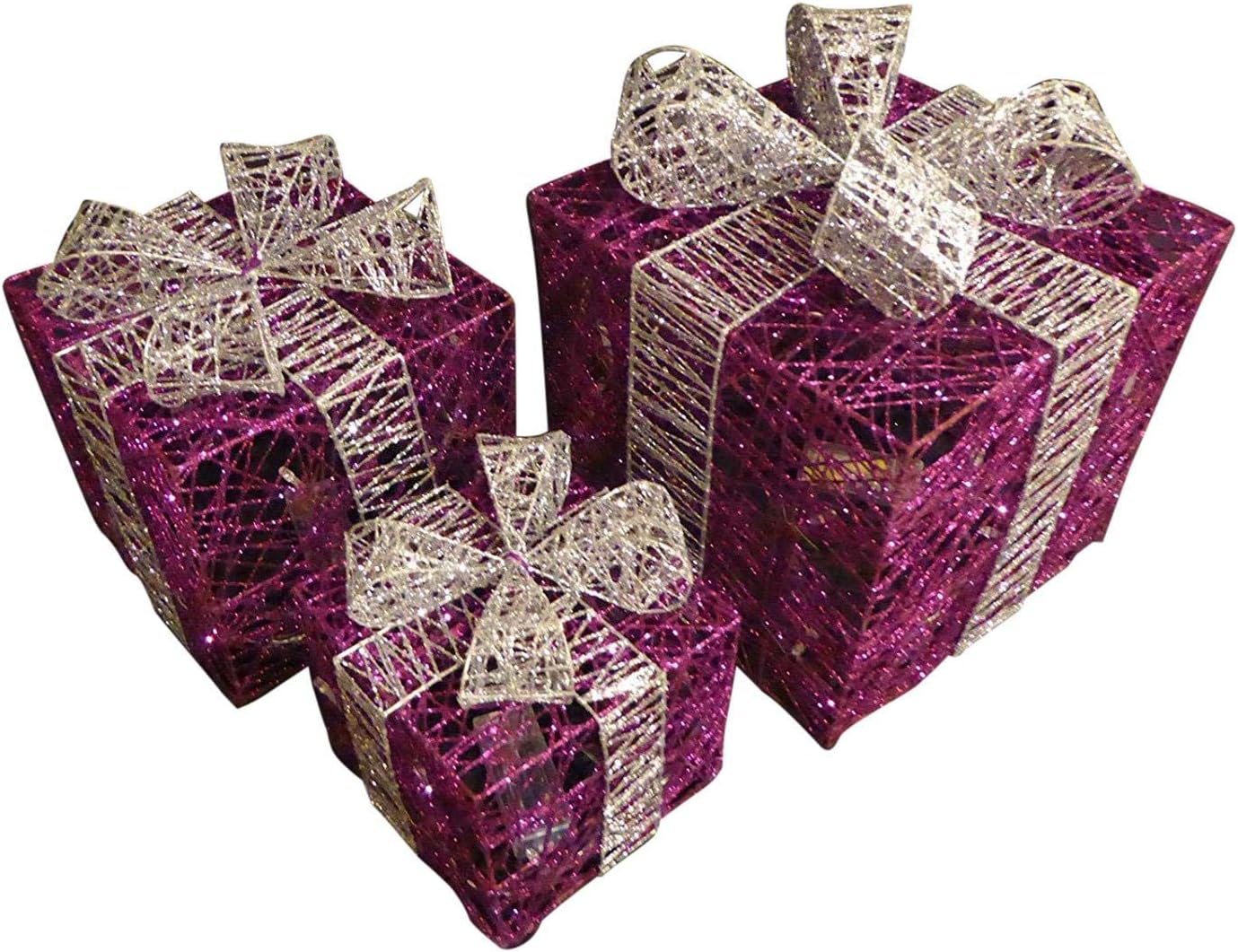 Large Glitter Purple And Silver Light Up Christmas Parcels Set With LED