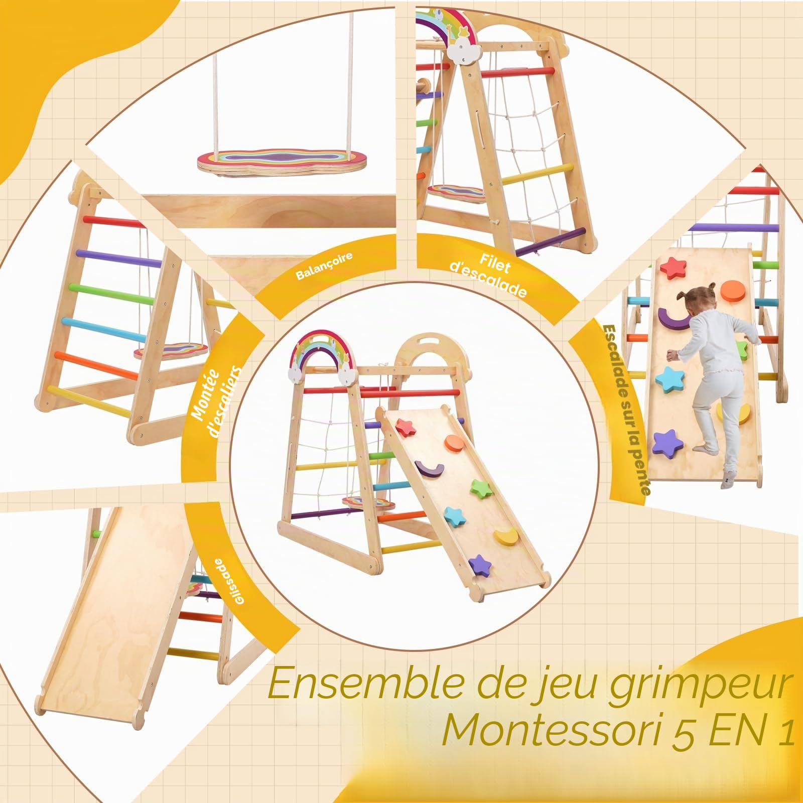 Structure d'escalade Montessori, aire de jeux d'intérieur 5 en 1 pour enfants, avec balançoire, arc, toboggan et corde d'escalade
