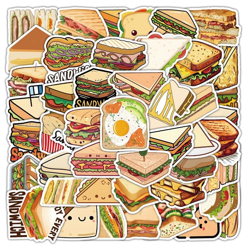 AUCEKO 50 Stück Sandwiches Aufkleber Pack Sandwich Sticker Set wasserdichte Vinyl Sticker für Laptop Kinder Autos Motorrad Fahrrad Skateboard Gepäck Koffer Computer Aufkleber Graffiti Decal