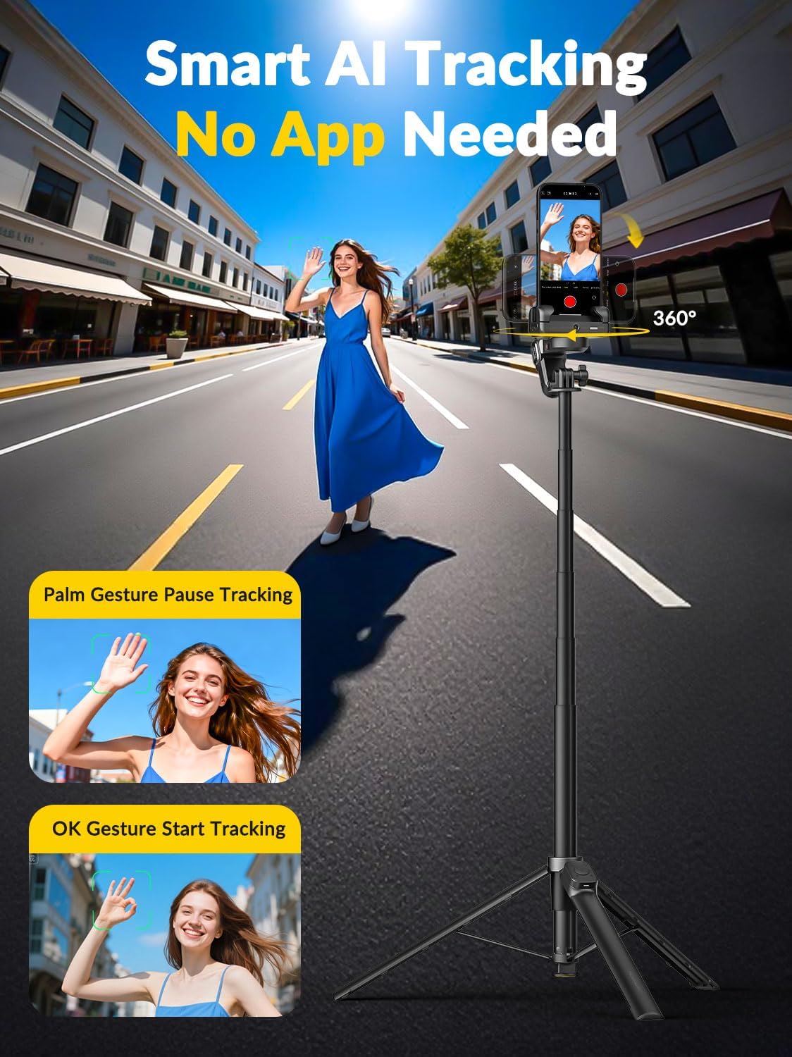 AOCHUAN 70.9” Auto-Open 4-in-1 Smartphone Gimbal Stabilizer for iPhone w/Magnetic Remote,AI Face Tracking Phone Stabilizer(No App Needed), 360°Rotating Gimbal w/RGB Light &Built-in Tripod, M3Pro Black