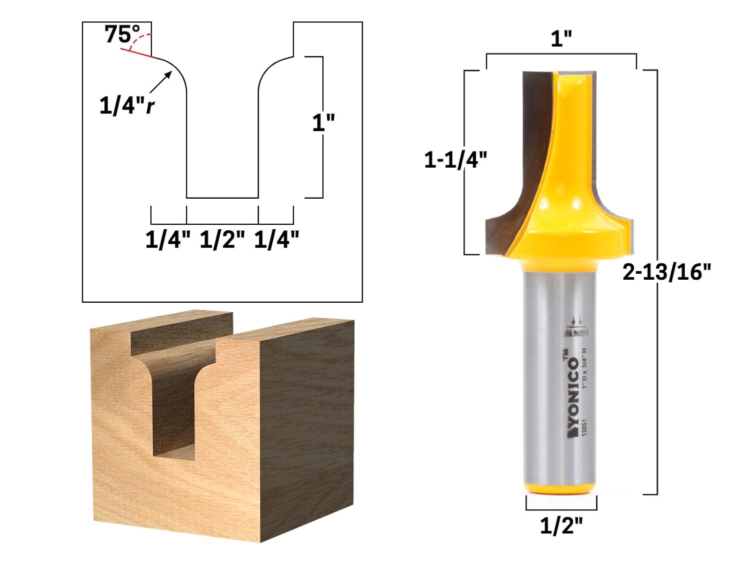 YONICO Dado Cutting Roundover Groove Router Bit 1-Inch Height x 1/4-Inch Radius 1/2-Inch Shank 13051