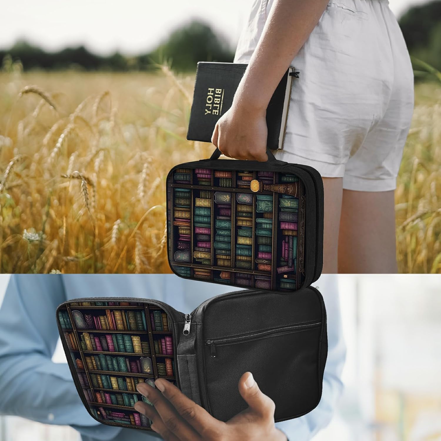 Bible Cover w/Metal Bookmark, Carrying Organizer Book Case Church Bag Bible Protective Holder with Handle Zippered Pocket, Bible Study Accessories Supplies for Women Kids, Art Library
