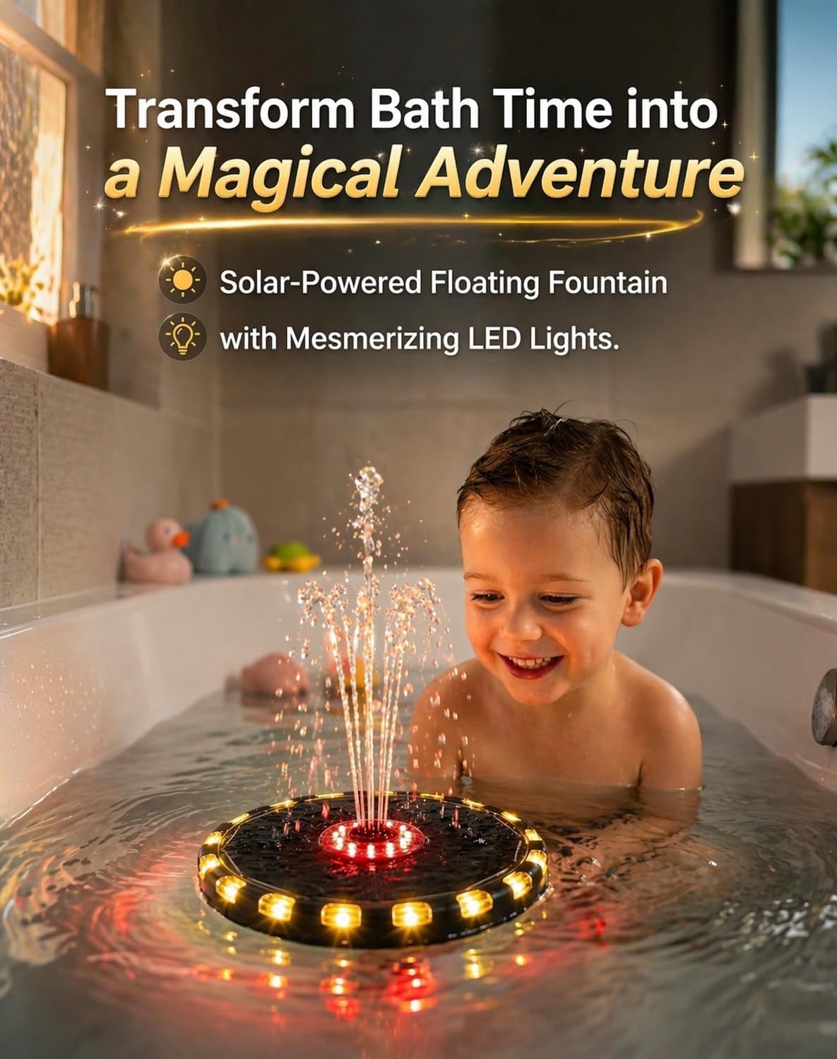 Bath Fountain for Kids, Bath Tub Fountain, Solar Powered Floating Bathtub Water Spray with Colorful LED Lights, 8 Spray Modes for Bath, Pool & Tub Ambiance