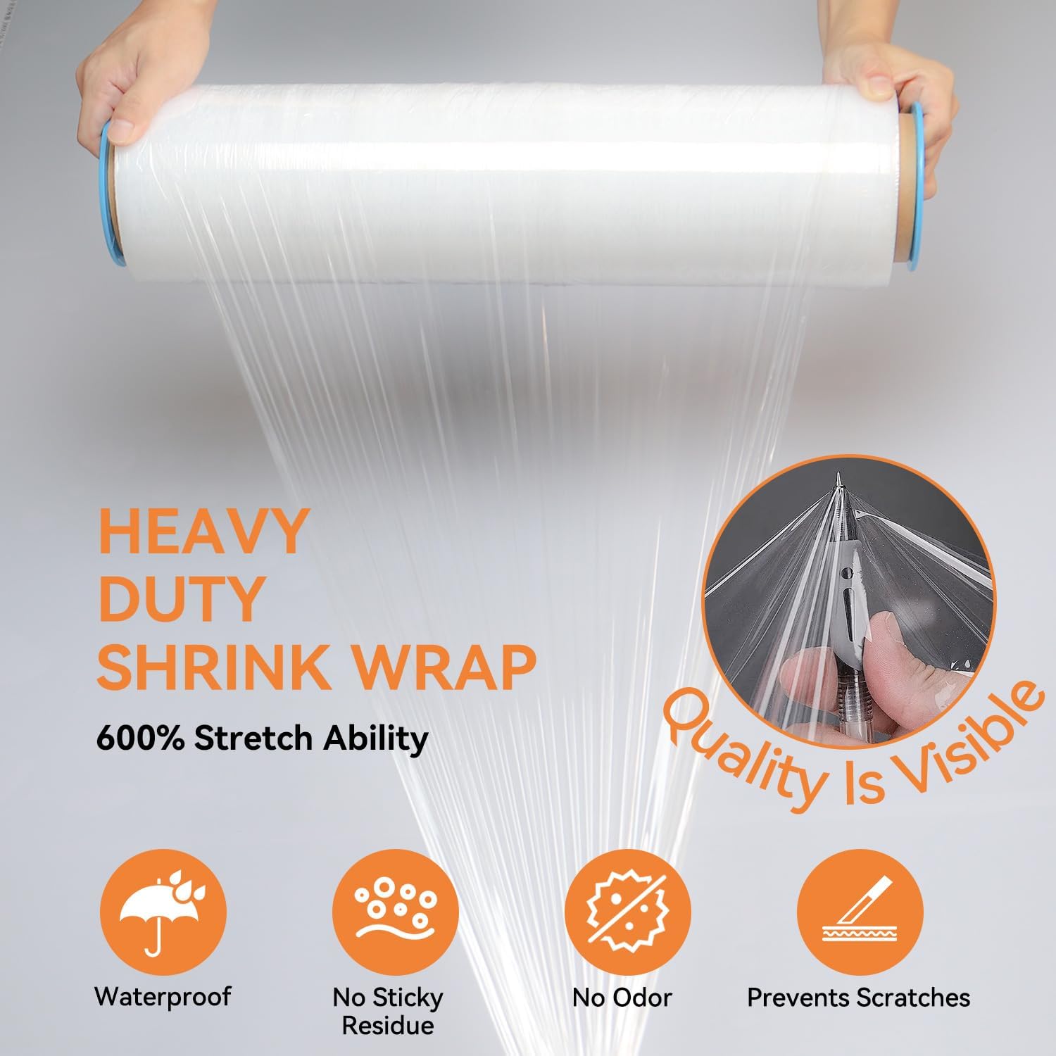 Stretch Film Shrink Wrap Roll 18" x 1500' - Industrial Plastic Wrap for Moving, Heavy Duty 80 Gauge, 600% Stretch for Packing, Pallets, Shipping&Furniture Protection​-2 Rolls