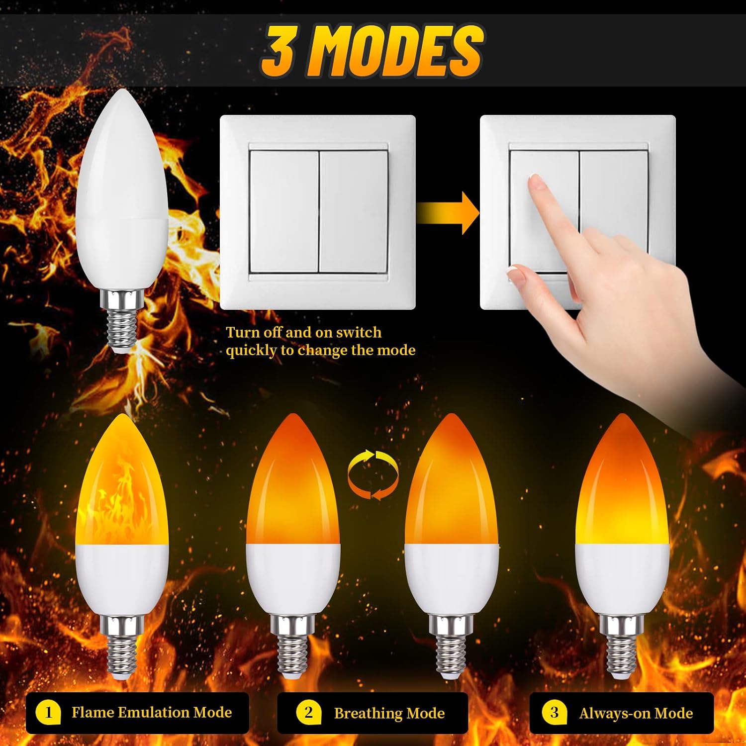 Ladiwanka E12 LED Candelabra Flame Light Bulbs for Outdoor Use, 3 Mode 1.2 Watt 1800K Warm White Orange Led Flame Bulb, Halloween Christmas Flame Light Bulb, 6 Packs