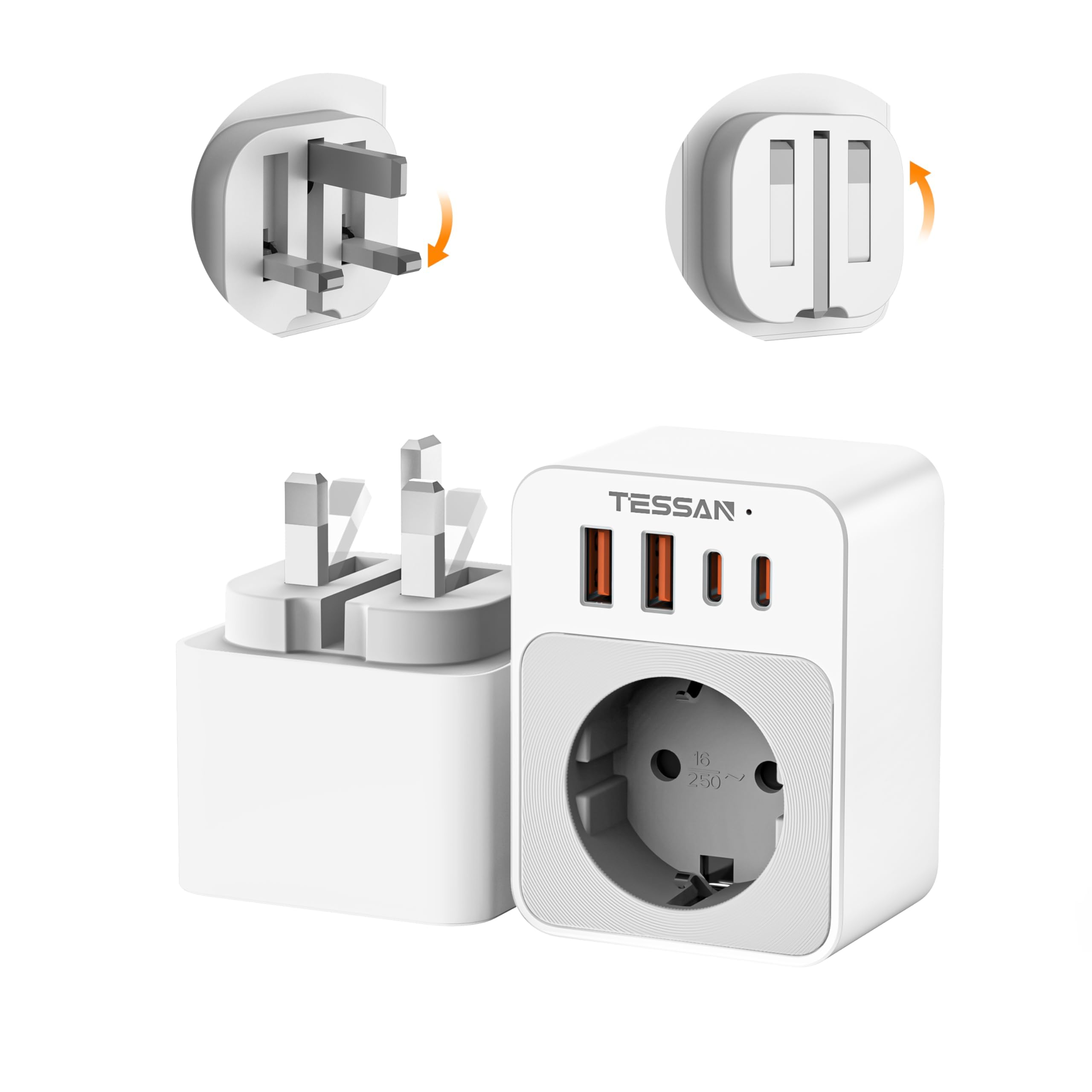 TESSAN Adapter England Deutschland Stecker, Faltbar 5 in 1 Reiseadapter Typ G mit 2 USB C und 2 USB A, Kleines klappbares Design, Steckdosenadapter für London Malta Irland Dubai, UK Adapter auf EU