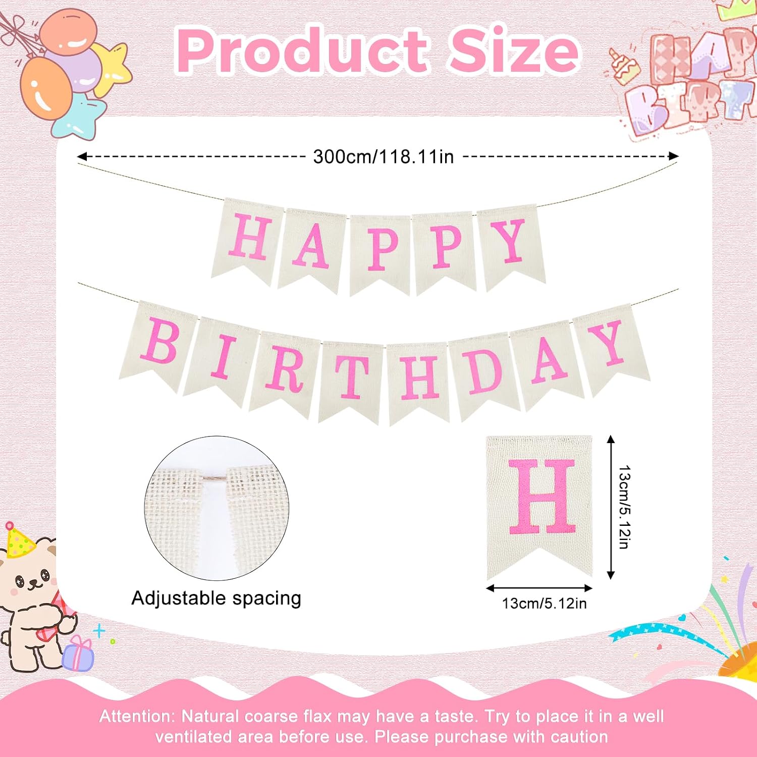 Babenest Burlap Happy Birthday Banner Sign for Party Deco, Pink image 3
