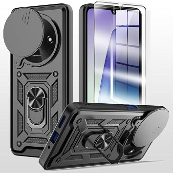 for Xiaomi Redmi A3 Case with Tempered Glass Screen Protector Protection Cover Shockproof Heavy Duty [Military-Grade] Rugged Phone Case with Kickstand for Xiaomi Redmi A3 Black