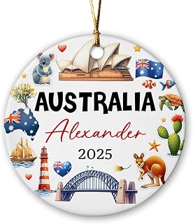 Personalized Australia Symbols Christmas Ornament, Australian Sydney City Xmas Tree Ceramic Ornament, Custom Name Australia Country Travel Ornament Christmas 2025, Australia Souvenir Ceramic Ornament