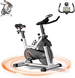 Exercise Bike, Adjustable Stationary Bikes for Home with Brake Pad Silent Belt Drive, 330LB Weight Capacity Indoor Cycling Bike with Upgraded Comfortable Seat, Tablet & Water Bottle Holder Gray