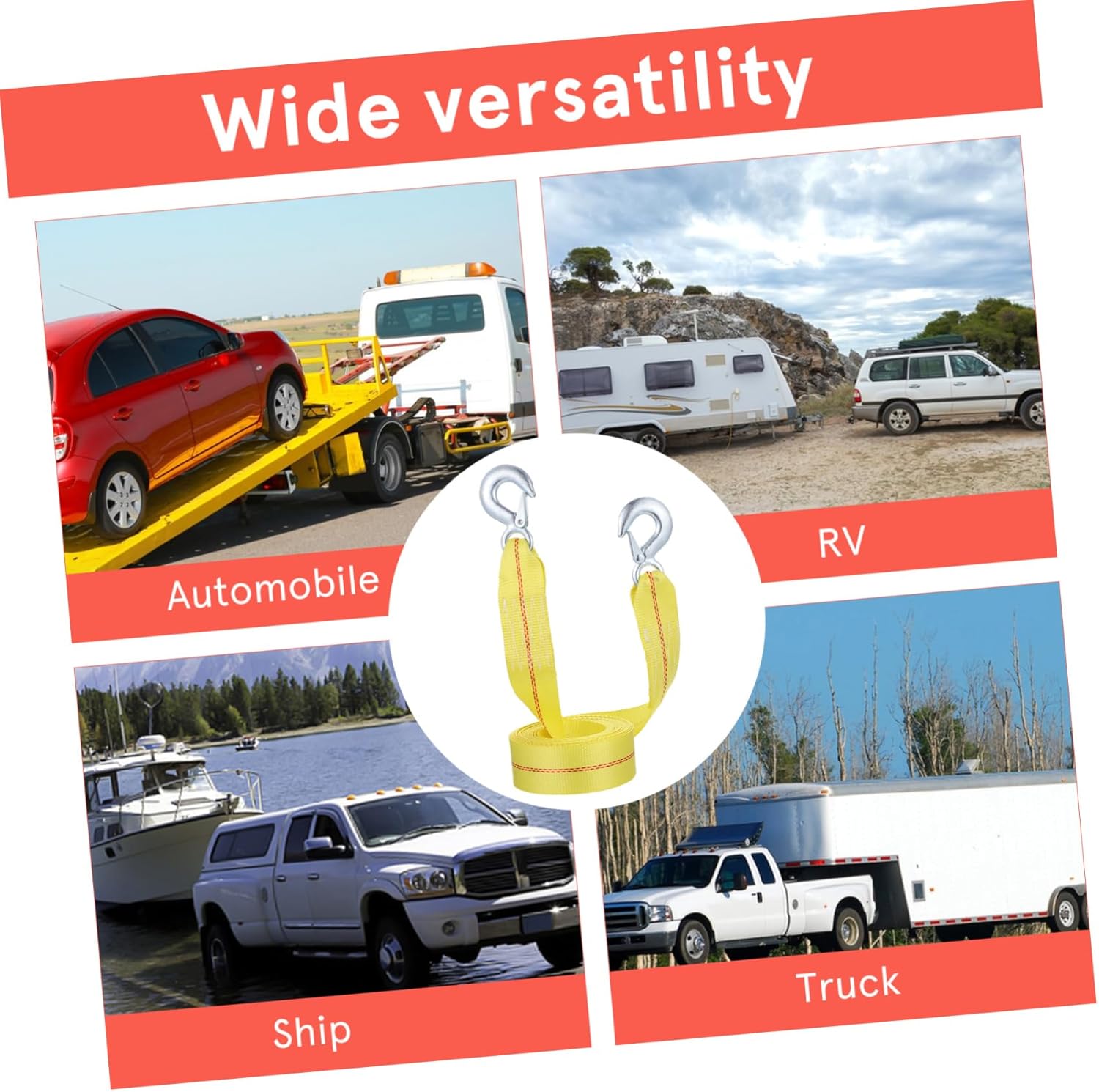 6m Vehicle Recovery Tow Strap Heavy-Duty Towing Rope Hooks for Automotive Emergency Multi-Purpose Utility Trailer Accessory Load Capacity for Cars Suvs Atvs