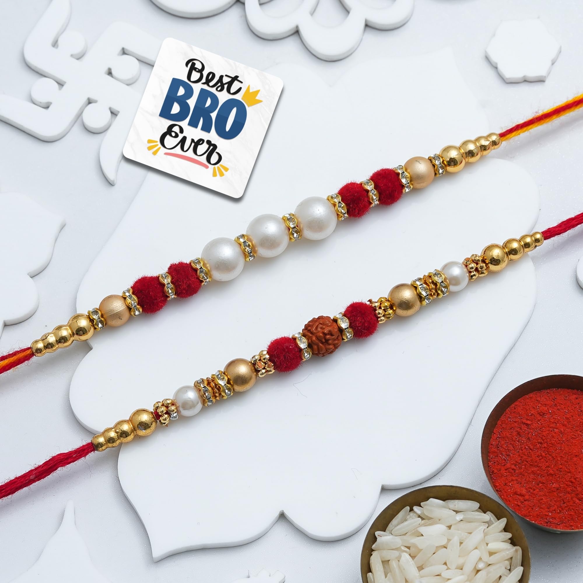 eCraftIndia Beads Rudraksha Rakhi Set of 2 | Rakhi for Brother Bhaiya Bhai with Best Bro Ever Fridge Magnet | Roli Chawal Pack-picture-11