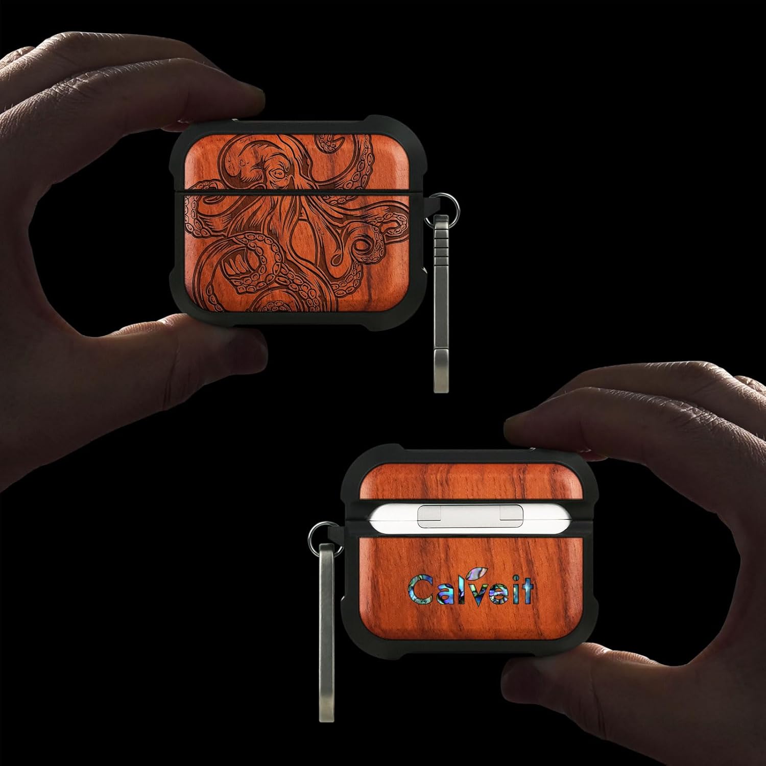 Carveit Wooden Case for AirPods Pro 2nd/1st Gen Case, Wood Artisan Engraved & TPU Shockproof Cover, Titanium Quick Released Clasp, Wireless Chargers Compatible (Octopus Drawing) Rosy