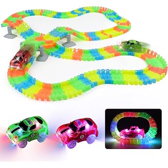 Car Track with 2 LED Race Cars Toys 240 Pieces Flexible Variable Track Set Children's Highway Glow in The Dark for Kids 3 4 5 6 7 8