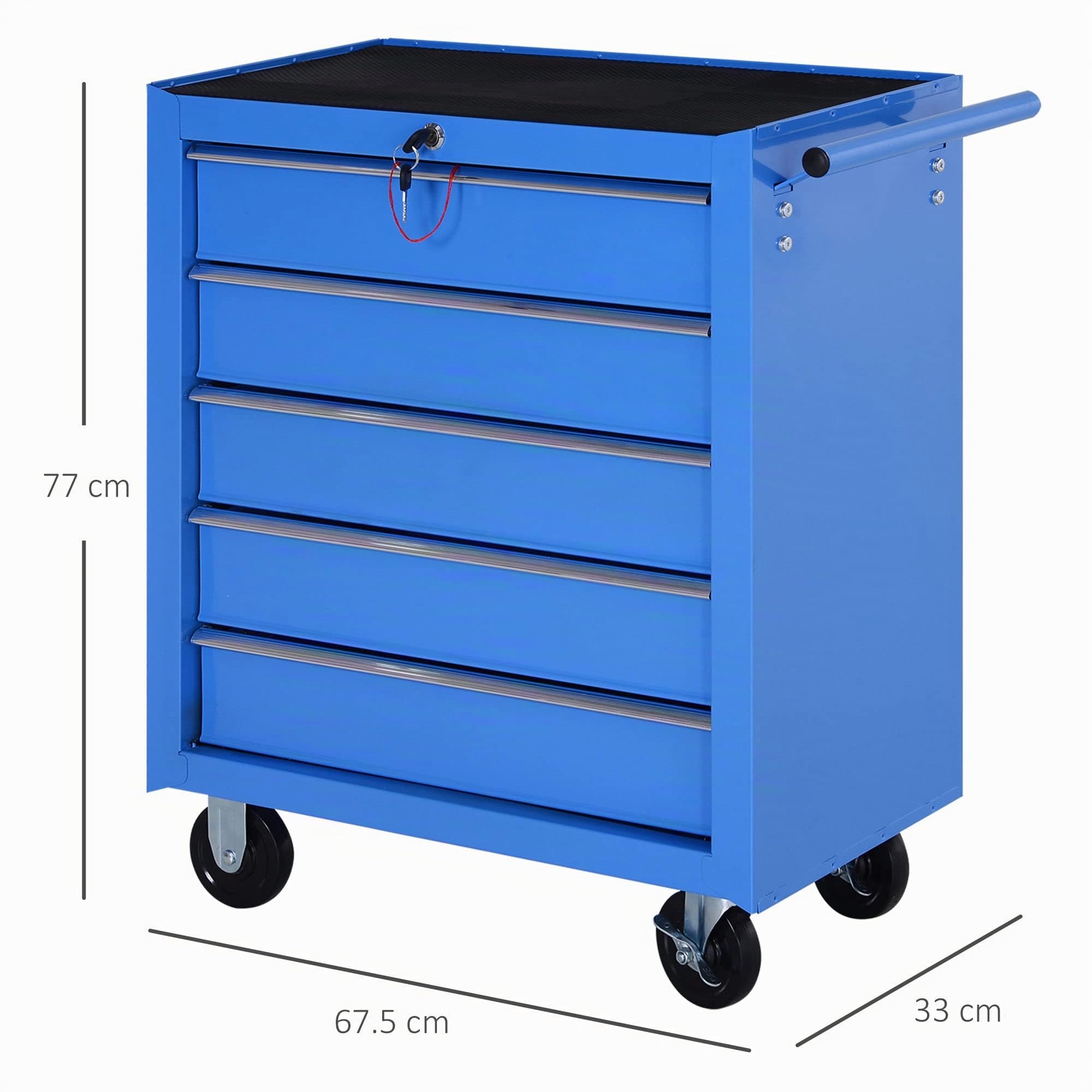 HOMCOM Carrello da Officina 5 Cassetti con Ruote in Metallo Blu 67.5x33x77cm