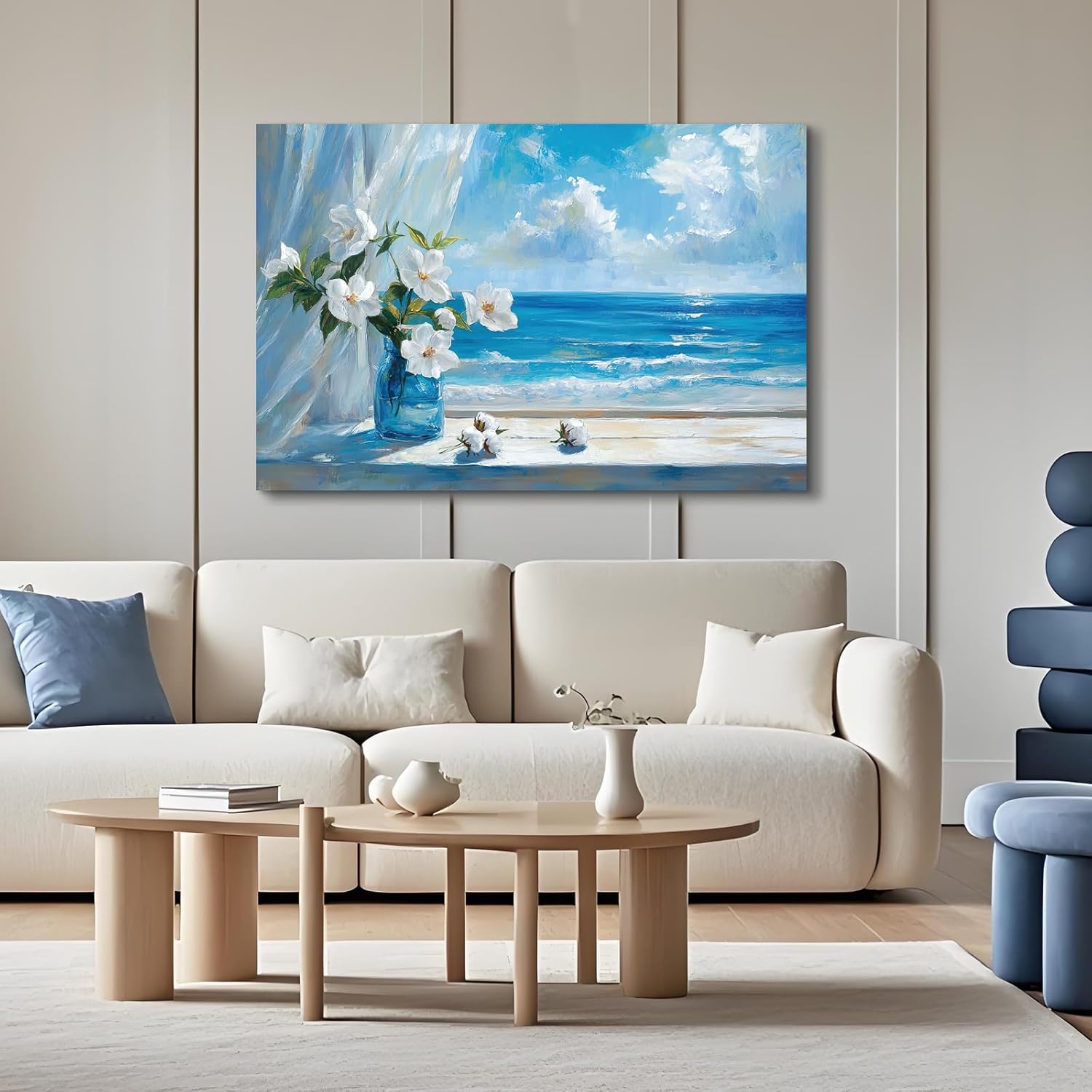 Craftline - Rustic Bathroom Flower Wall Art Window Seascape Seaside Scenery Painting Pictures White Gardenia Canvas Prints for Bedroom Floral Ocean Poster Framed Artwork Wall Decor 36x24Inch