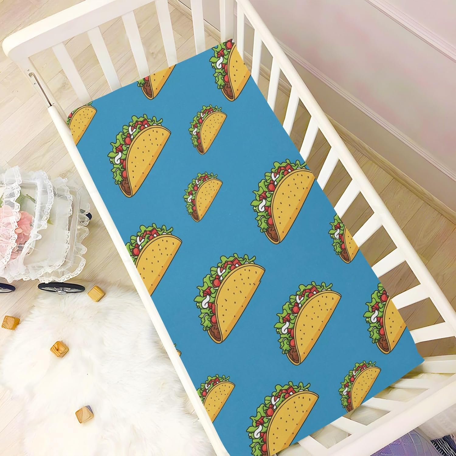Tacos Food Blue Pattern Crib Sheets for Boys Girls Pack and Play Sheets Portable Mini Fitted Baby Sheet for Standard Crib and Toddler Mattresses Girls Boys, 52x28 in