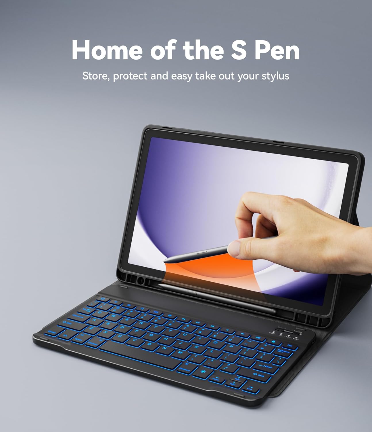 CHESONA Keyboard Case for Samsung Galaxy Tab A9 Plus/A9+ 5G 11 inch (SM-X210/X216/X218), 7-Color Backlit & Detachable Wireless Keyboard, Flip Stand Case & Pencil Holder, Slim Folio PU Cover, Black